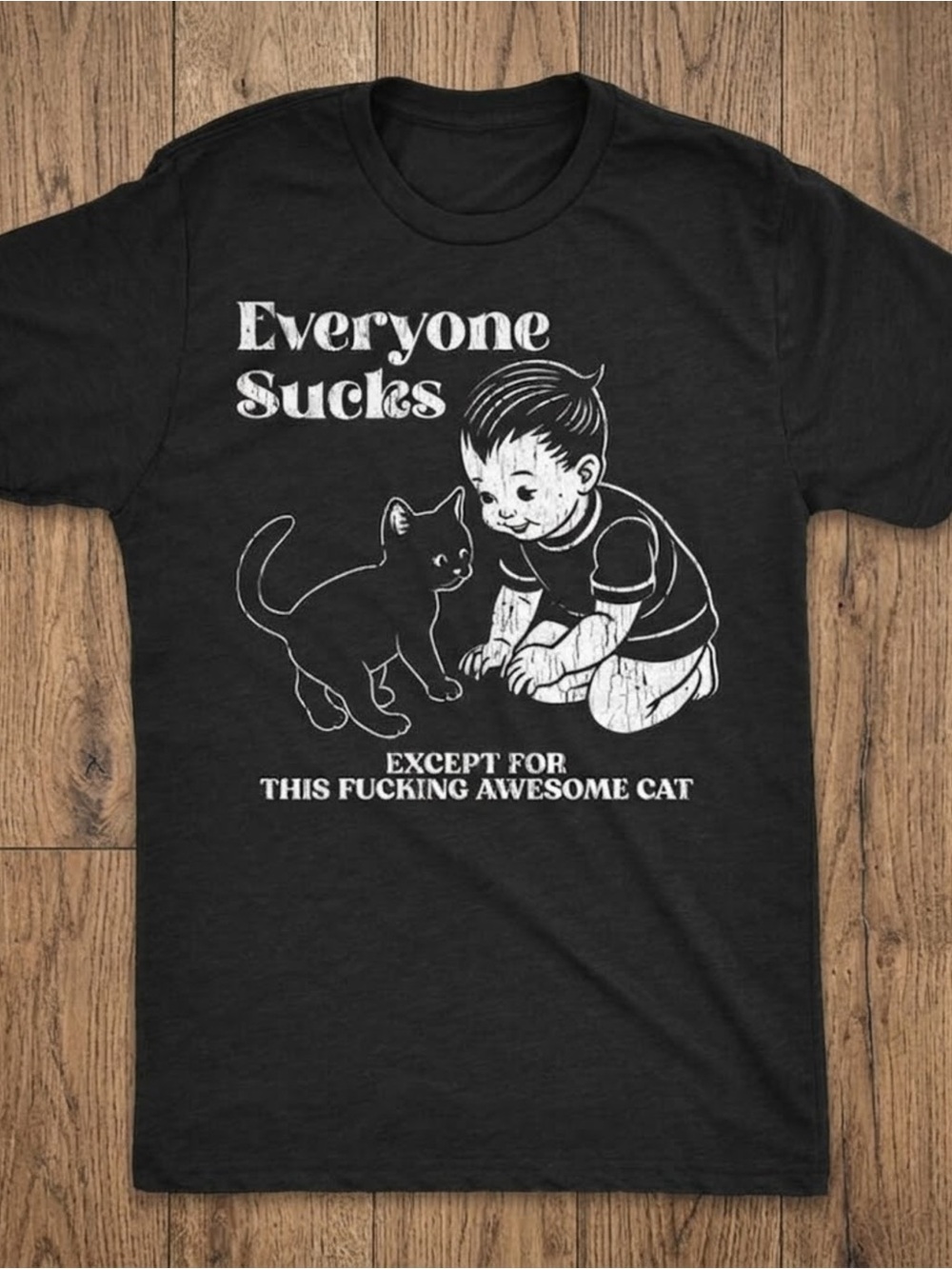 Gildan Black Short Sleeve Tee with White Retro Cat Graphic and Statement Text